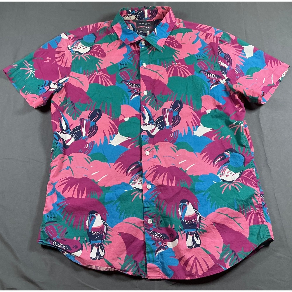 Bonobos Men Slim Fit Short Sleeve Tropical Toucan Palm Print Button Down Shirt L